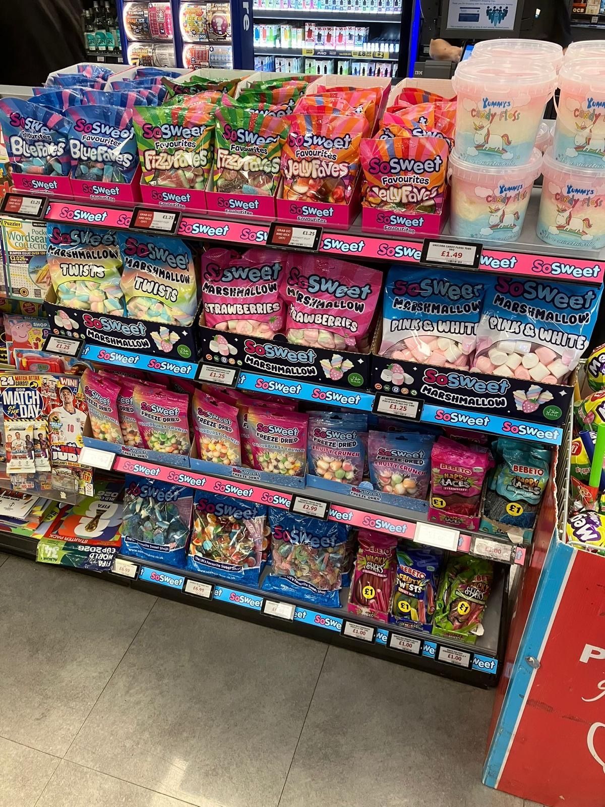 Close up of SoSweet sweet pouches on shelf